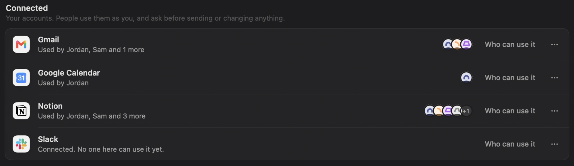 Connected apps: Gmail, Google Calendar, Notion and Slack, with who can use each