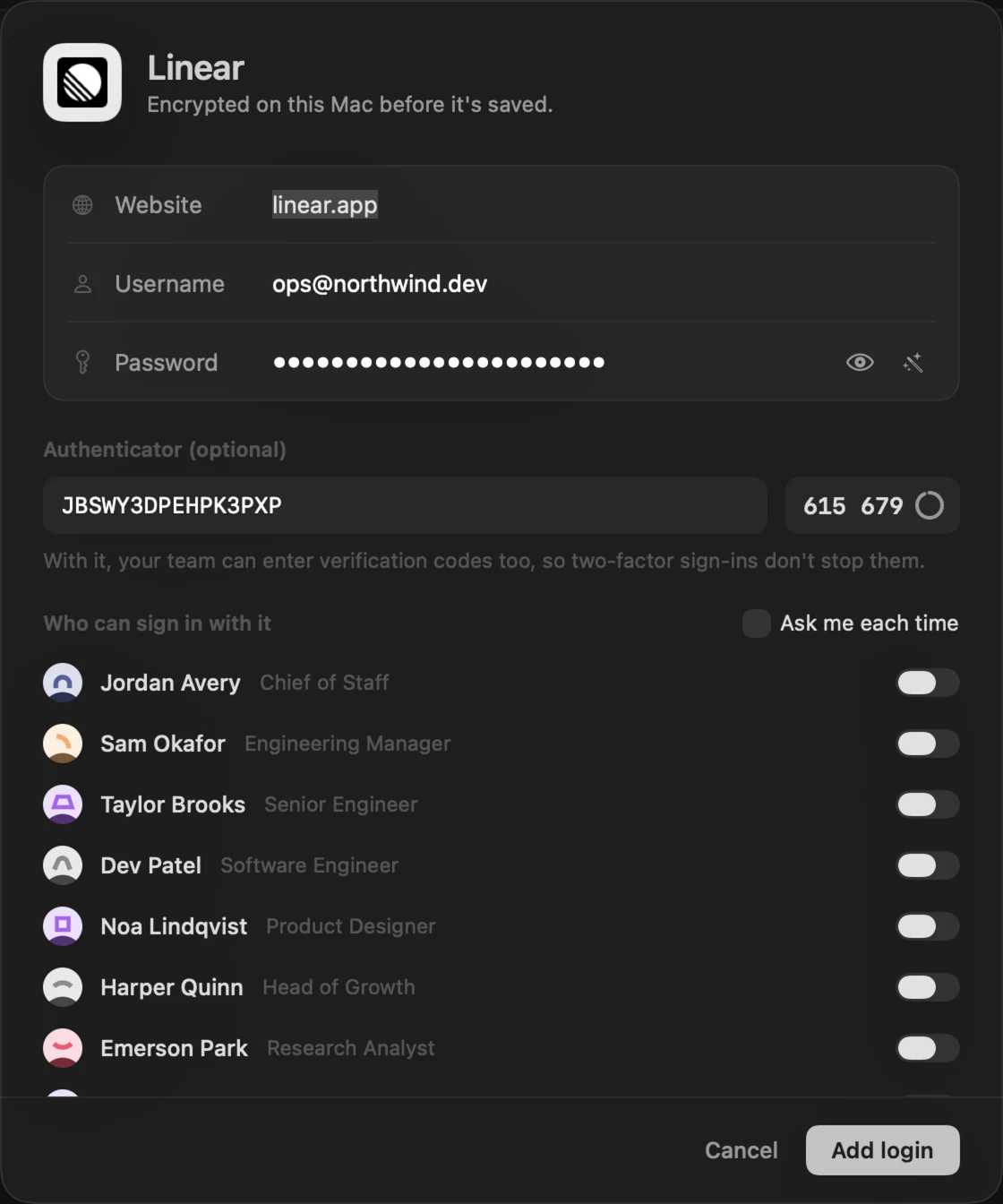 Adding a Linear login to the Vault, with an authenticator key and who can sign in