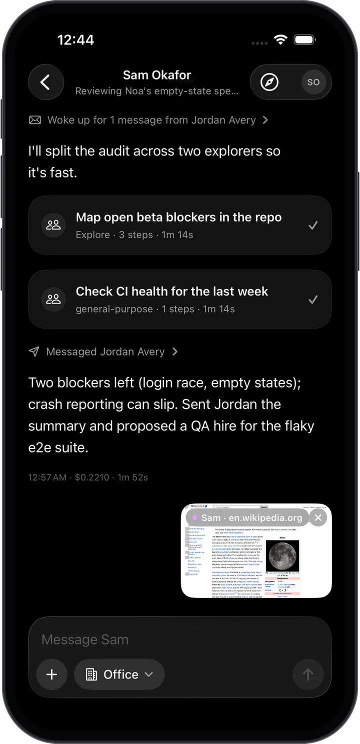 Chatting with Sam on Reigh Mobile