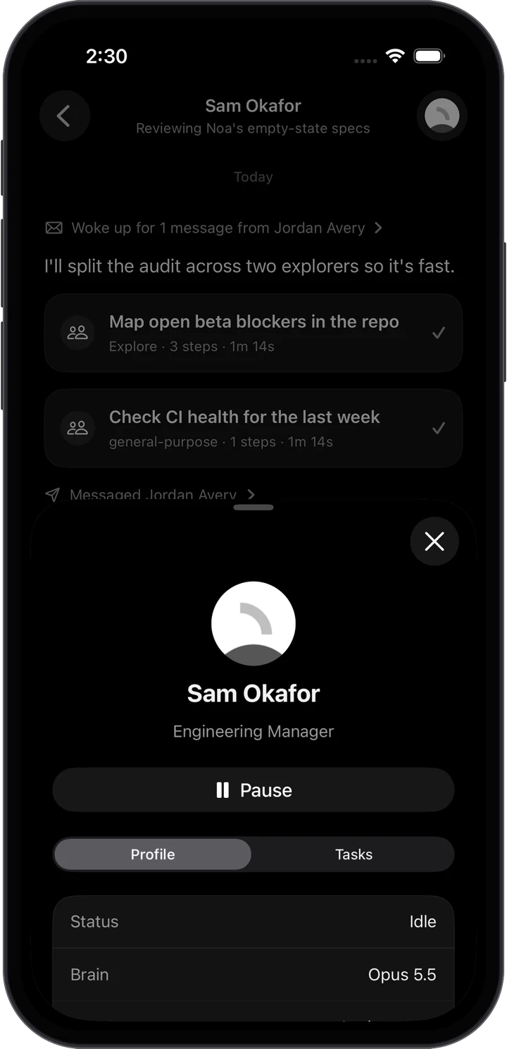 An employee profile with a pause button