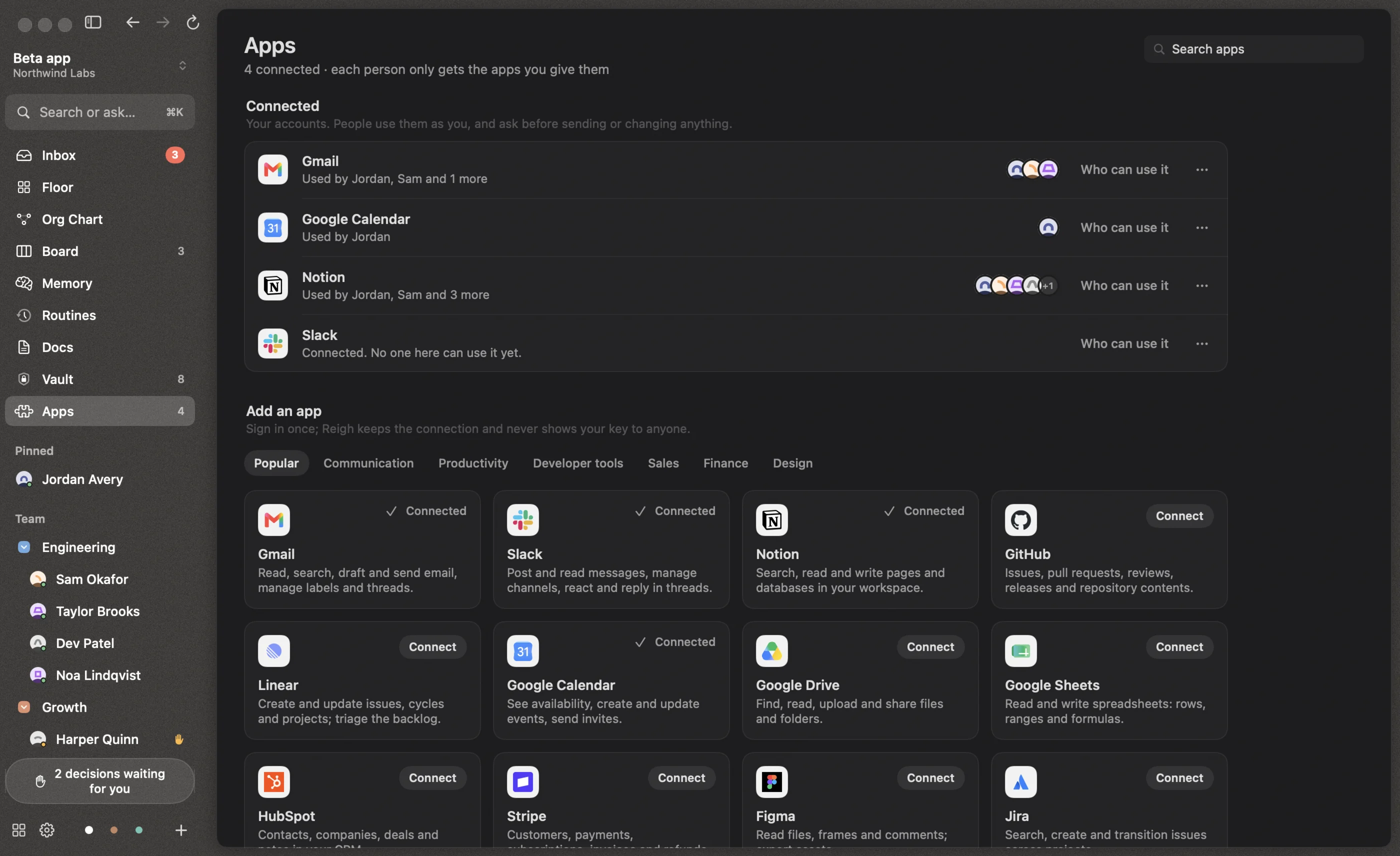 The Apps screen: connected apps and who can use each