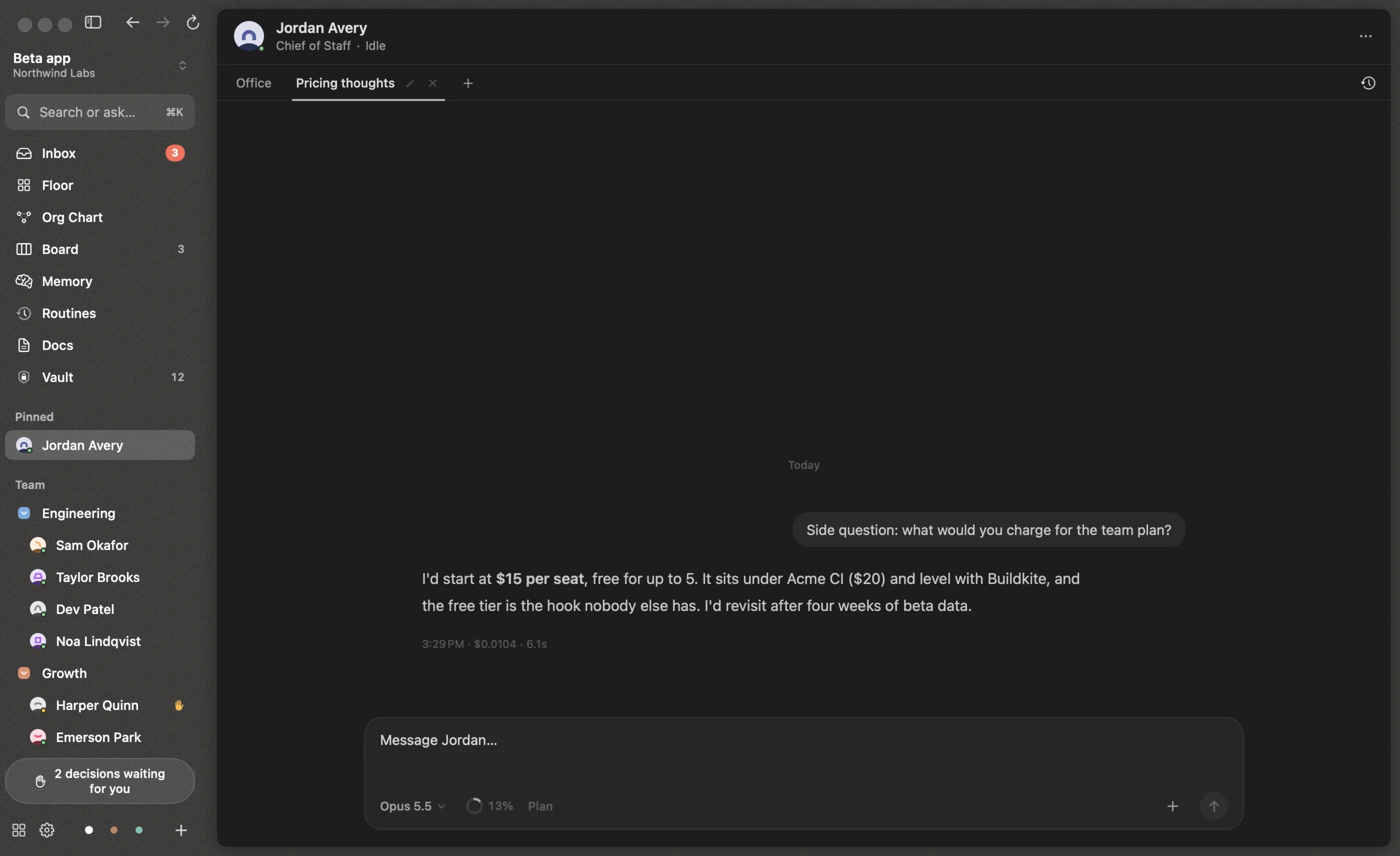 A side chat with Jordan, next to the Office conversation