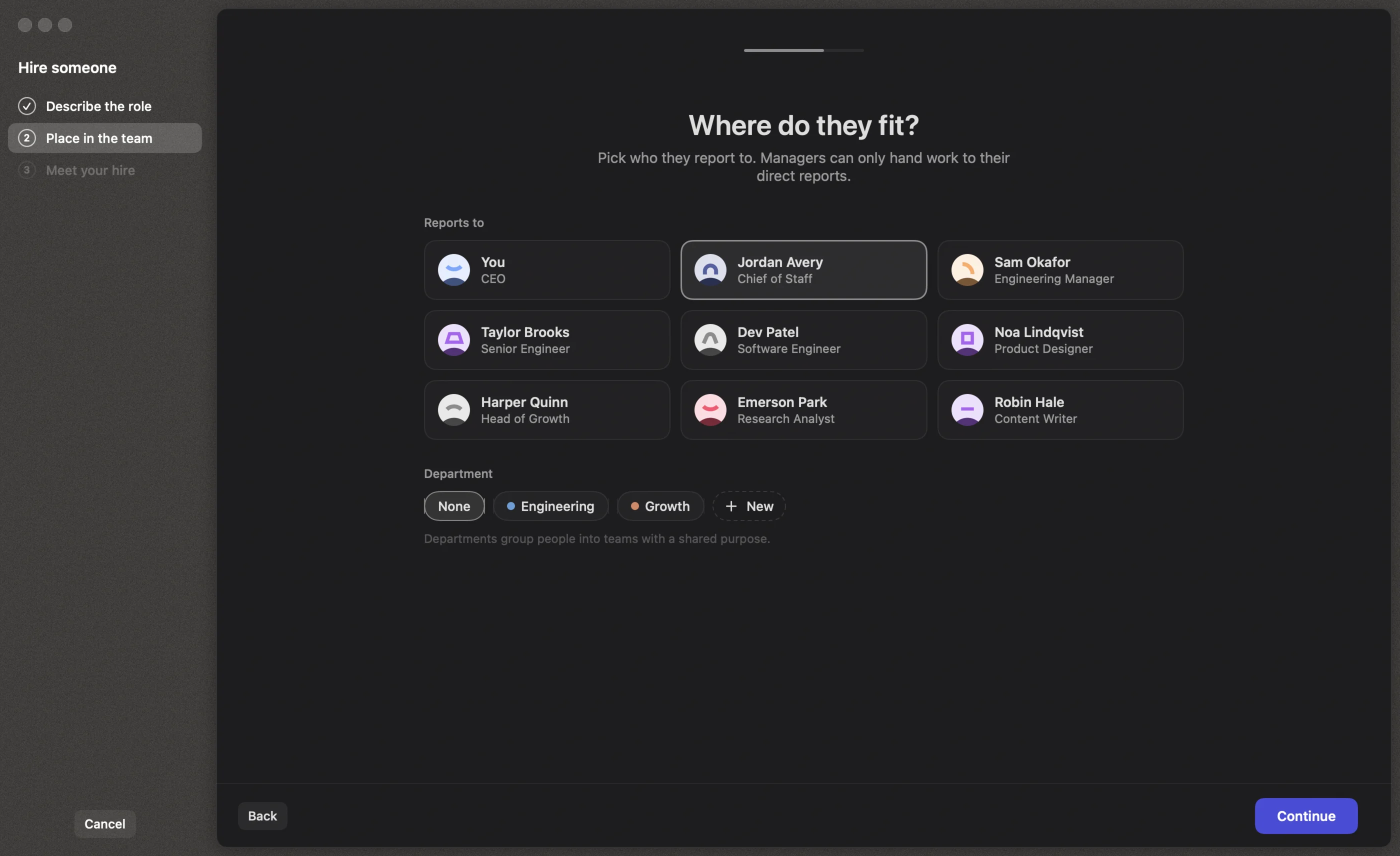 Placing a new hire: who they report to and which department they join